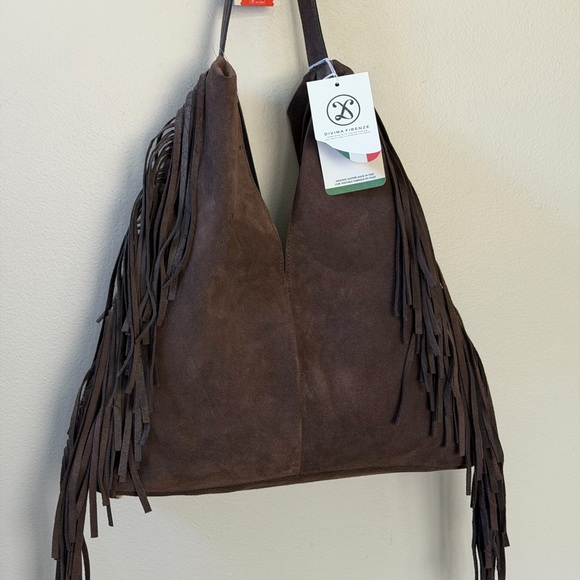 Divina Firenze Genuine Leather Brown Suede Fringe Bag - Picture 2 of 15